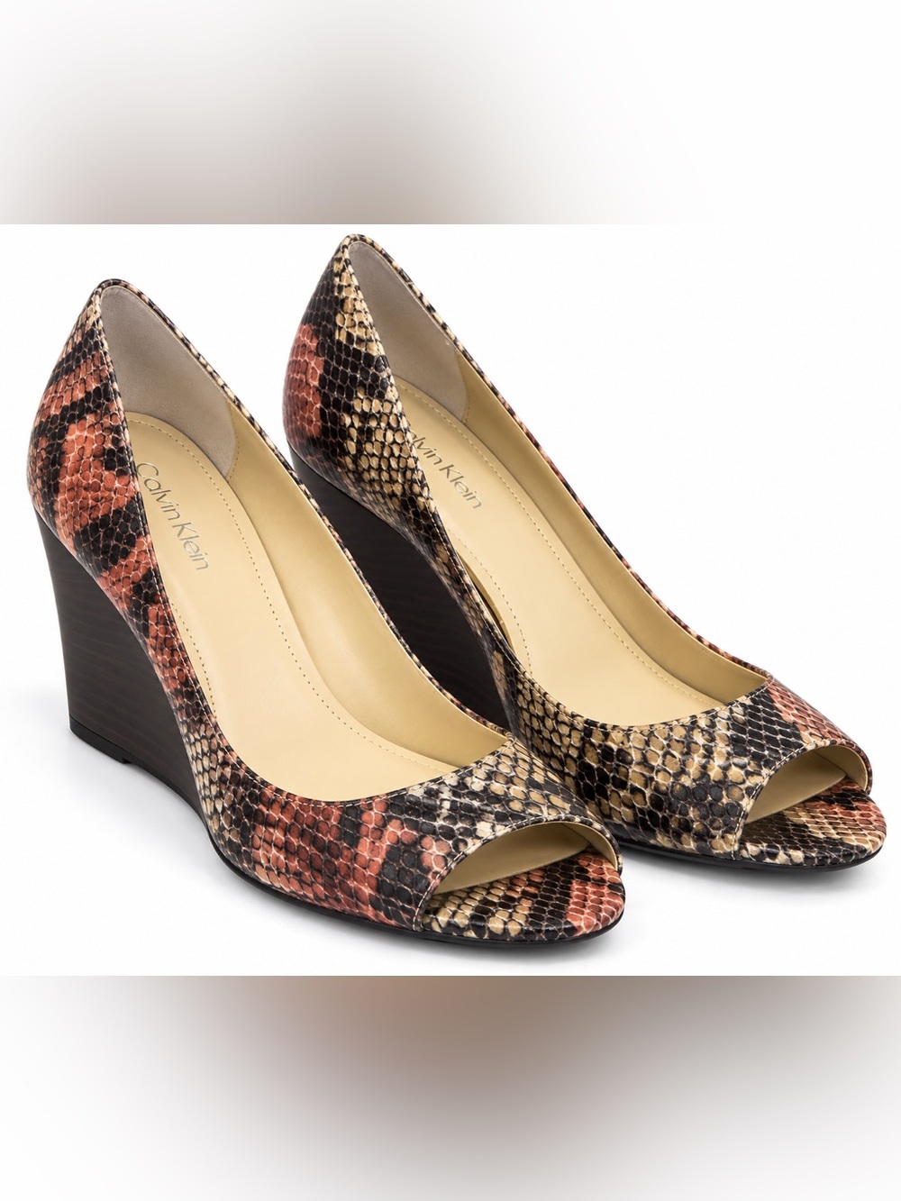 Calvin Klein Snakeskin Print Peep Toe Wedge Heels Pumps Multicolor 7 1/2